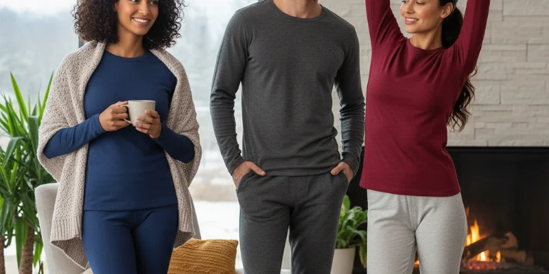 様々な色の高機能インナーを着たモデルが、暖かく快適そうな表情でポーズをとっている写真