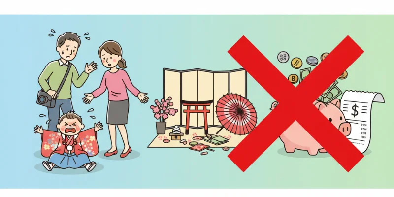 子供が泣いていたり、親が困り顔をしているイラスト。予算オーバーを示す、お金のイラストなども含む。