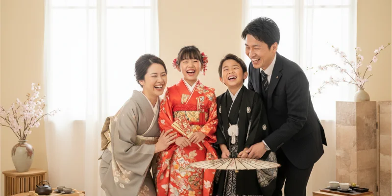 七五三撮影で子供が笑顔で着物姿の写真を撮る家族の様子。準備や撮影で起こりがちなトラブルを回避するためのヒント画像