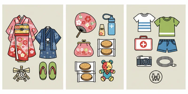 七五三当日に必要な持ち物をイラストで分かりやすくまとめたもの（例：着物、小物、飲み物、お菓子、着替えなど）