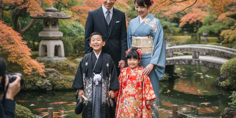 七五三当日に撮影された、家族の笑顔あふれる写真