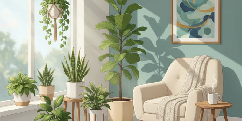 窓辺に観葉植物が置かれ、柔らかな光が差し込む部屋のイラスト。リラックスできる雰囲気を表現。