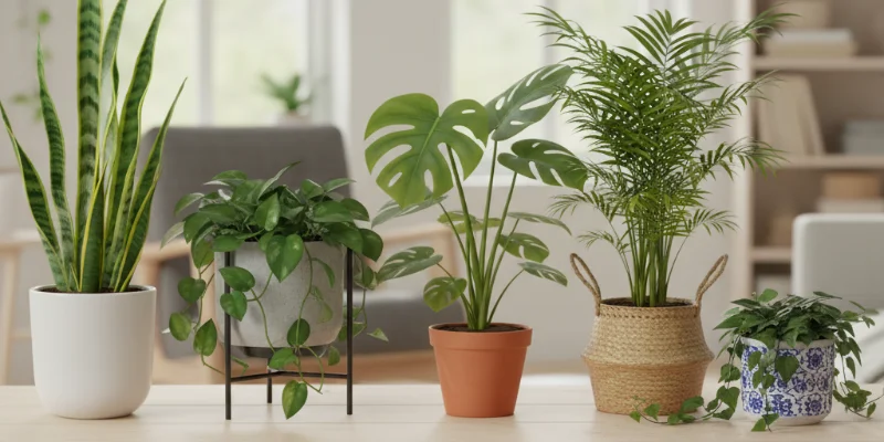 サンスベリア、ポトス、モンステラ、テーブルヤシ、アイビーの5種類の植物がそれぞれ鉢植えで並んでいる写真。