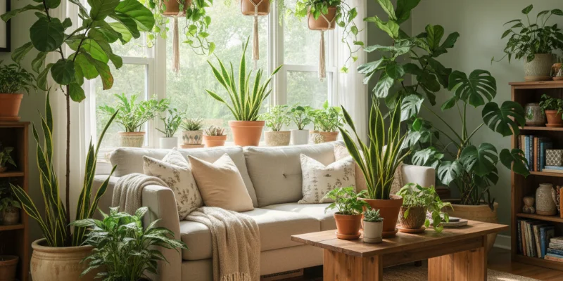 実際に観葉植物が置かれた部屋の様子。明るく、心地よい雰囲気を表現。