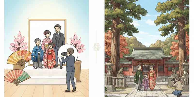 スタジオと神社での撮影風景をそれぞれイラストで比較表示。スタジオは明るく華やかな雰囲気、神社は自然で落ち着いた雰囲気を表現。