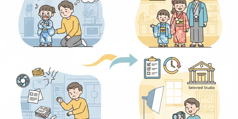 よくある失敗例（ぐずっている子供、予算オーバーなど）と、それを防ぐための具体的な対策（準備リスト、時間管理など）を分かりやすくイラスト化。