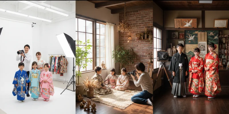 3つの異なるスタジオでの撮影風景の写真。それぞれ異なる雰囲気（大手スタジオ、ハウススタジオ、伝統的な写真館）を表現。