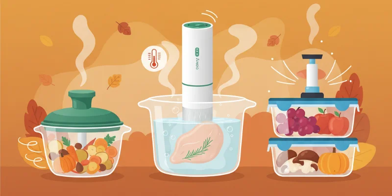 マルチチョッパー、低温調理器、真空保存コンテナの3つのキッチングッズが、可愛らしいイラストで描かれている。それぞれの特徴が分かりやすく表現されている。