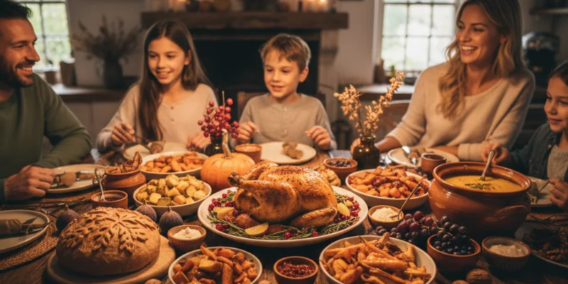 秋の食材を使った、色鮮やかな料理が並んだ食卓の様子。温かみのある照明と、家族が食卓を囲んでいる様子が写っている。