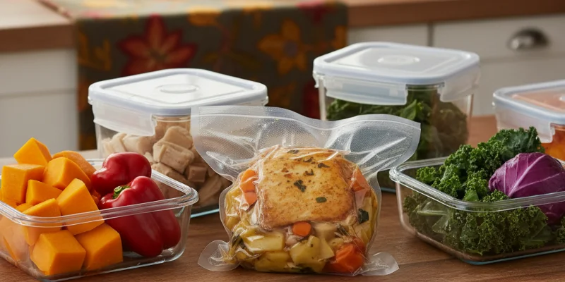 真空パックされた野菜や作り置きのおかずが、綺麗に収納された真空保存コンテナの様子。コンテナの透明度が高く、中身が鮮明に見える。