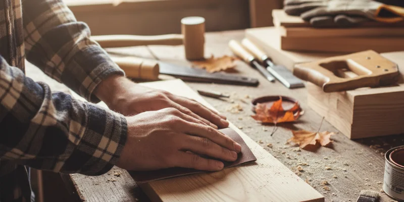 作業風景の一部を切り取った写真。例えば、木材をやすりで研磨している様子や、塗装している様子など。