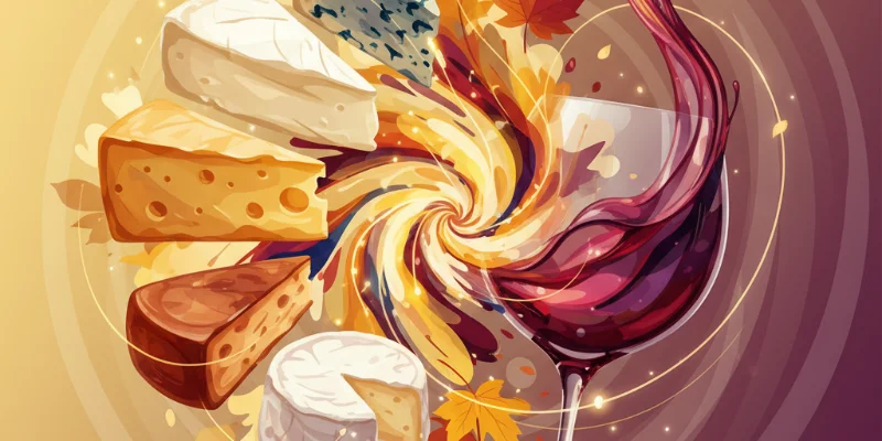 秋の味覚を詰め合わせたチーズ5種と赤ワイン1本のセット。ハード、白カビ、青カビなど様々なチーズのイラスト。