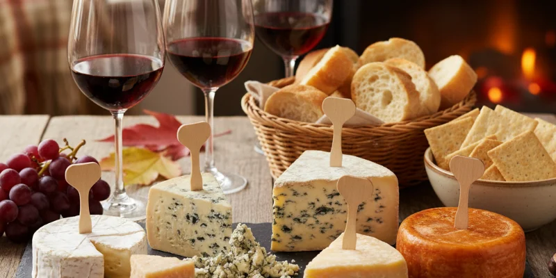 様々な種類のチーズが並べられ、ワイングラスが置かれている様子。バゲットやクラッカーなども一緒に写っている。