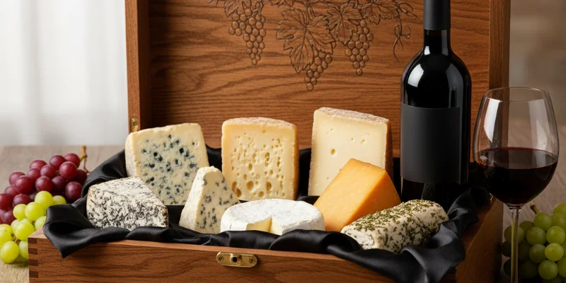 化粧箱に入ったチーズとワインのセット。上品な雰囲気を演出するパッケージング。