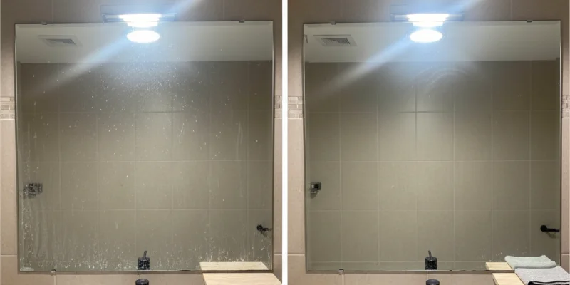 窓掃除用バキュームクリーナーで窓を掃除している様子。吸い込み口が窓ガラスに密着し、汚水を吸い取っている様子がわかる。手軽に窓掃除ができる様子が伝わる写真。