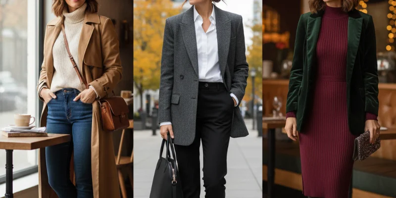 3種類の着回しコーデを着用したモデルの全身写真。それぞれ異なるシーンに適したスタイリングが分かるように撮影されている。