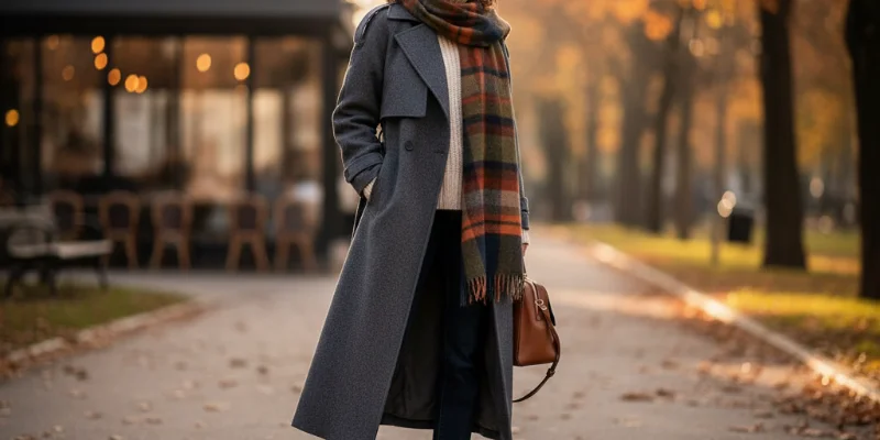 秋らしい異なる素材の洋服を組み合わせたコーディネート例。ニットとスカートなど、素材感をミックスすることで、のっぺりと見えがちな着こなしにメリハリを与え、おしゃれに見せる効果がわかります。