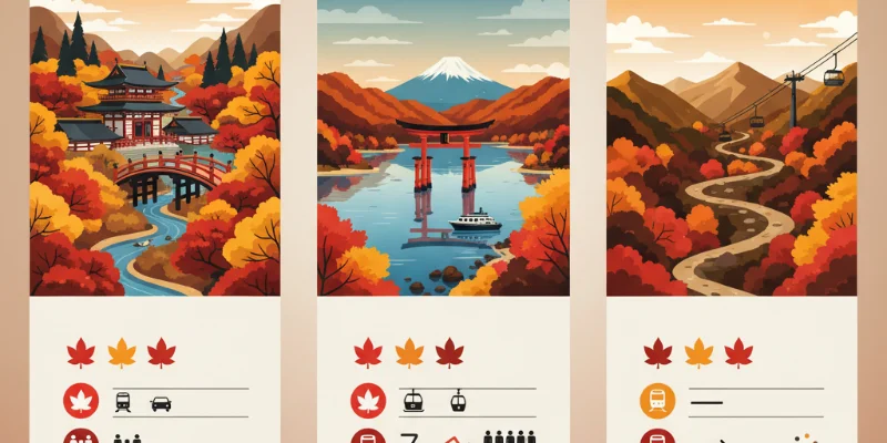 日光、箱根、高尾山の紅葉の美しさ、アクセス、混雑度などをアイコンで分かりやすく比較したイラスト