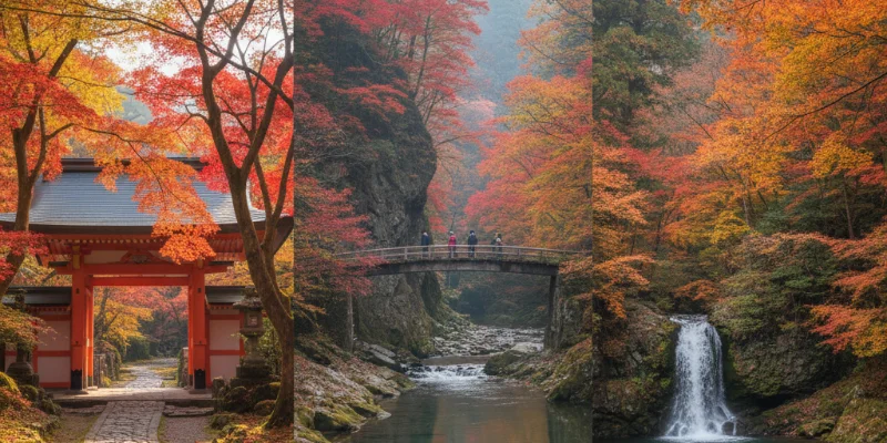 著者が紅葉スポットで撮影した、紅葉の美しい写真。複数のスポットが自然に含まれている