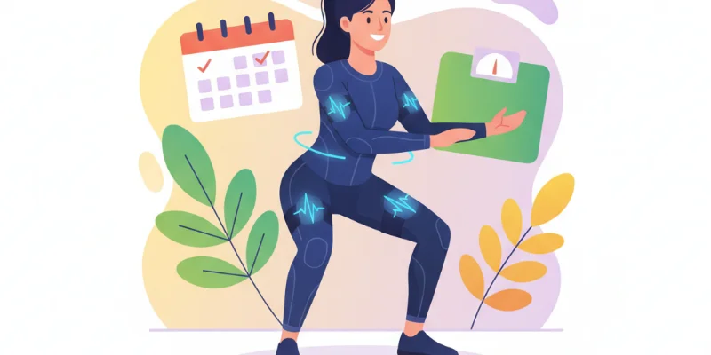 EMSスーツを着て、簡単なスクワットや腕回しをしている人物のイラスト。笑顔でリラックスした様子を表現。