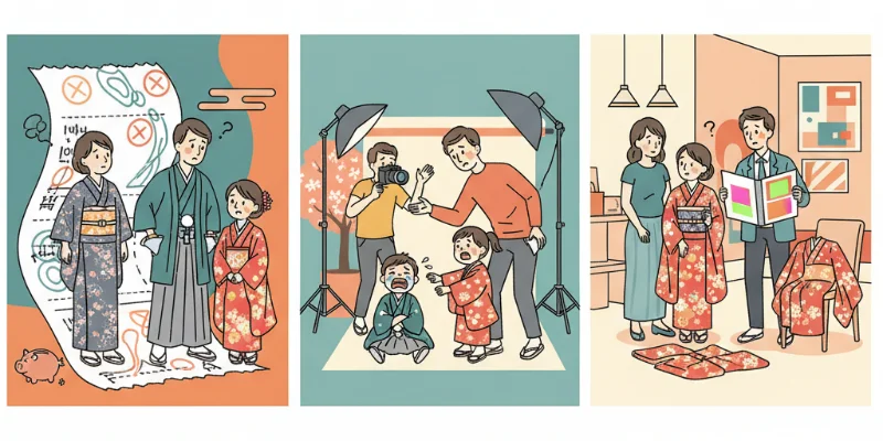 予算オーバー、子供のぐずり、イメージとのミスマッチの3つの失敗例を、それぞれ分かりやすいイラストで表現。