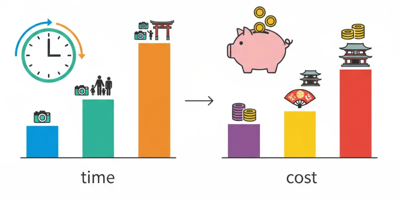時間と費用の目安を、視覚的に分かりやすいグラフやイラストで表現。