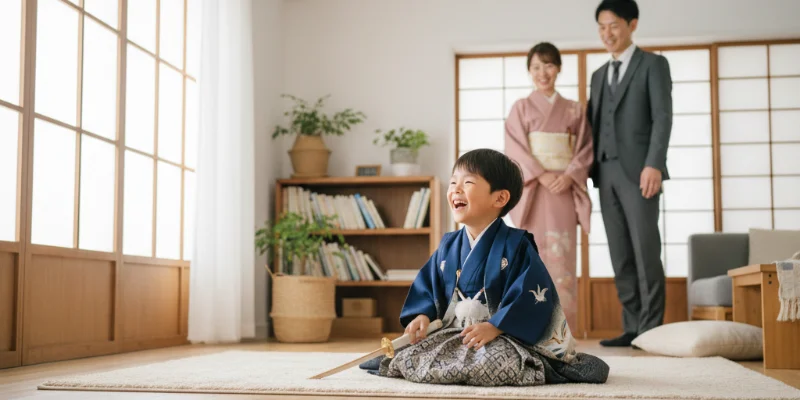 自然光が差し込む明るいスタジオで、子供がリラックスして撮影を受けている様子。笑顔で楽しそうにしている子供の姿と、優しく見守る親の姿が写っている。