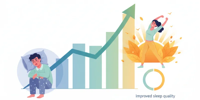 睡眠の質向上を表すグラフや、元気な様子の人物のイラスト。眠そうな顔の人物と比較することで変化が分かりやすく表現されている。