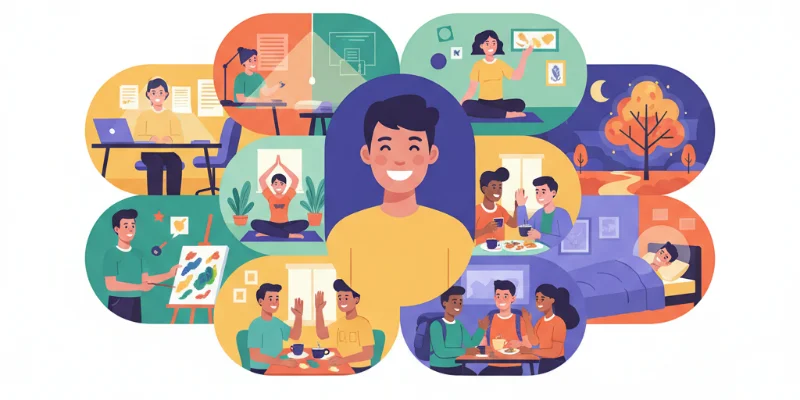 充実した生活を送る人物のイラストレーション。仕事や趣味、人間関係など、生活の様々な場面で笑顔で活動している様子が描かれている。