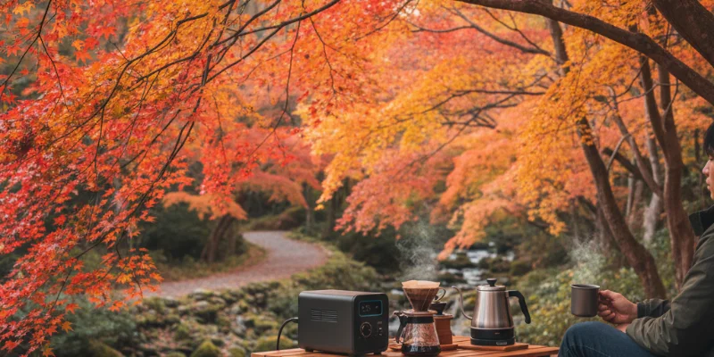 紅葉に囲まれた美しい自然の中で、ポータブル電源を使ってコーヒーを淹れている様子。温かい飲み物と美しい景色が調和している。