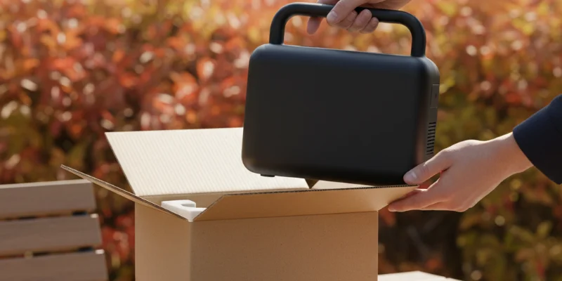 シンプルでスタイリッシュなパッケージから取り出された、マットブラックのポータブル電源本体。しっかりとしたハンドルが確認できる。