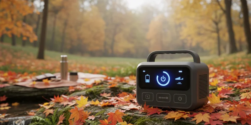 秋の旅行で使用する、ポータブル電源。複数のACコンセントやUSBポートを備え、様々な機器を充電できる様子。