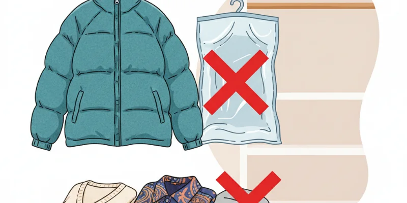 ダウンジャケットや繊細な素材の衣類をイラストで表現。圧縮に適さない素材の例を示す。