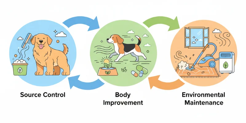 抜け毛対策の3つのステップ（発生源対策、体質改善、環境整備）をイラストで表現。