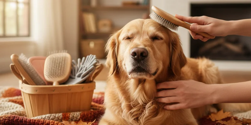 愛犬がブラシでブラッシングされている様子。リラックスした表情をしている。