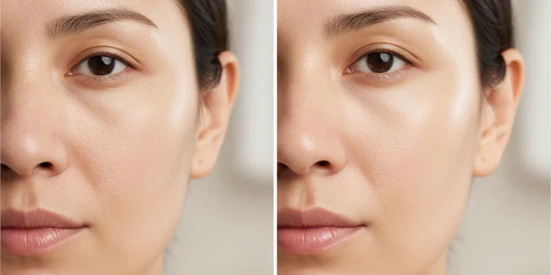 使用前後の肌の比較写真。使用前は乾燥してくすんだ肌、使用後は潤いがあり、明るい肌色になっている様子を写した写真