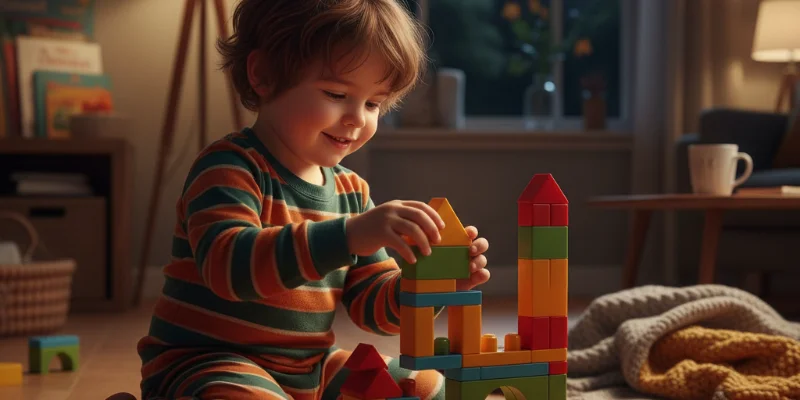 子供がブロックで遊んでいる様子。集中して楽しそうに遊んでいる様子がわかる写真。