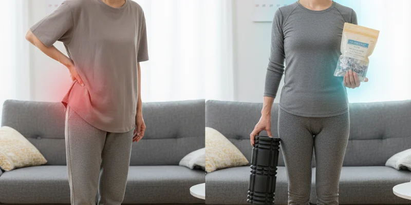 before/afterの写真、もしくは体の変化を表すイラスト（例：腰や肩の痛みが軽減された様子）