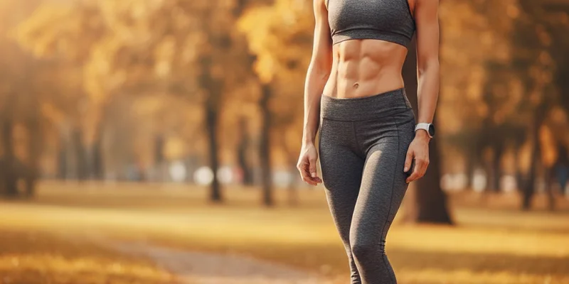 健康的な食事と運動によって引き締まった体型になった人物の写真。笑顔で健康的な印象を与える。