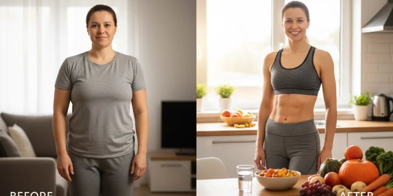 秋の味覚を楽しむ一方で、体重増加が気になる様子の女性。食欲の秋に負けないダイエット方法、無理のない運動方法、効果的な食事制限方法などを模索する様子を表す写真。