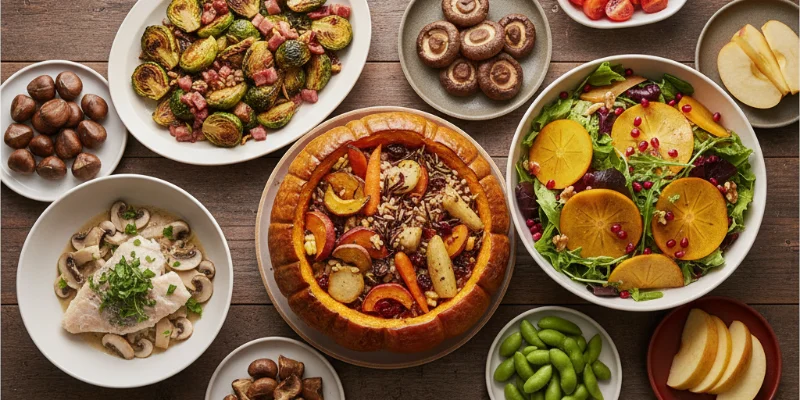 秋の味覚を使った様々な料理の写真。彩り豊かで食欲をそそるような料理が並んでいる。