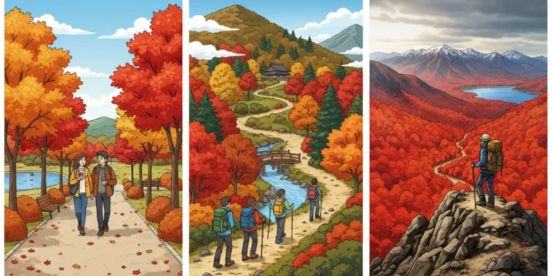 初心者、中級者、上級者のそれぞれに合った紅葉狩りのシチュエーションをイラストで表現。