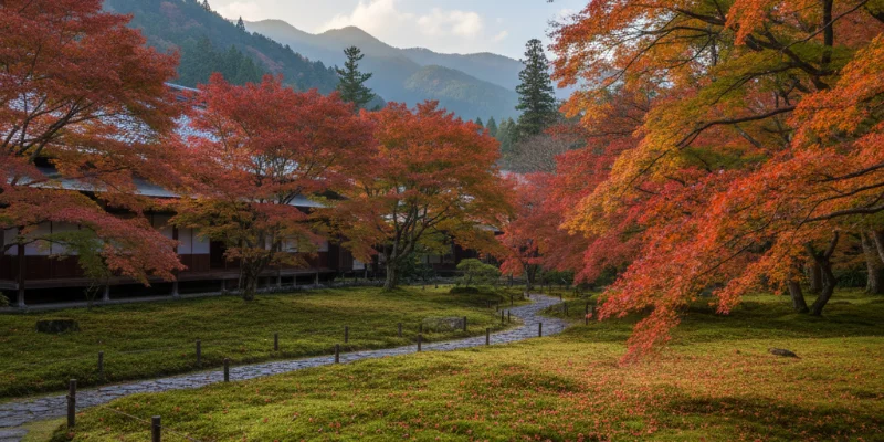箱根美術館の紅葉と苔庭の美しいコントラスト。静寂な雰囲気と色彩の豊かさを表現した写真。