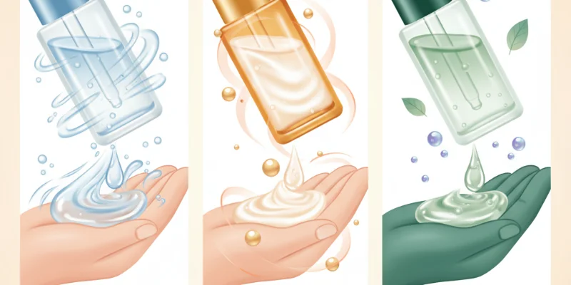 異なる3種類の美容液のテクスチャや使用感をイラストで表現。それぞれの特徴を分かりやすく比較するイメージ図