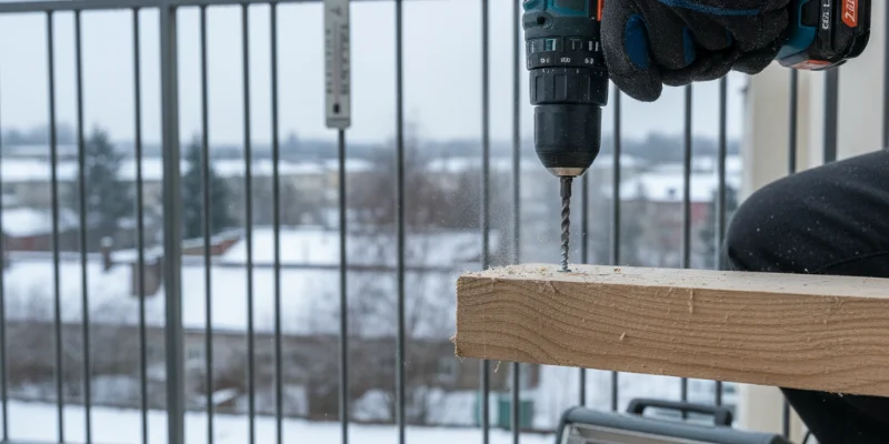 寒空の下、手袋をした手で電動ドリルドライバーを使い、木材にネジを打ち込んでいる様子。背景にはベランダの景色が写っている。