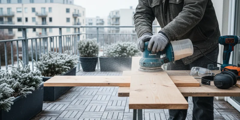 電動サンダーで木材を研磨している様子。集じん機能によって木くずが舞い上がっていない様子がわかる。