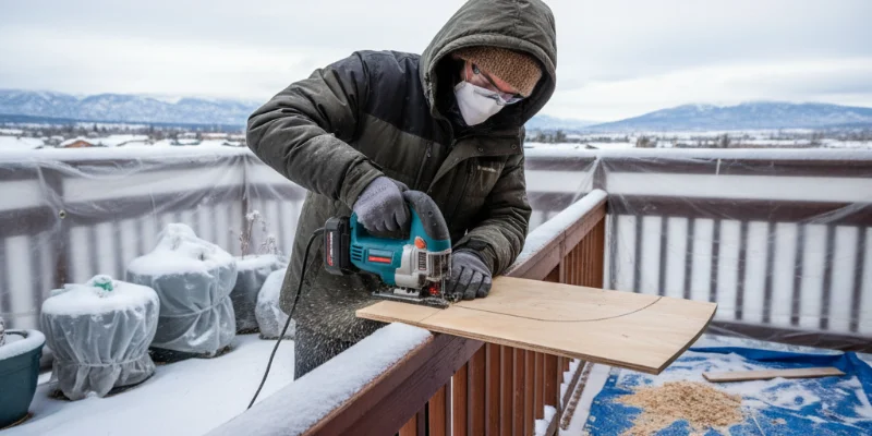 ジグソーで木材を曲線にカットしている様子。ブロワ機能によって切断線がはっきりと見える。