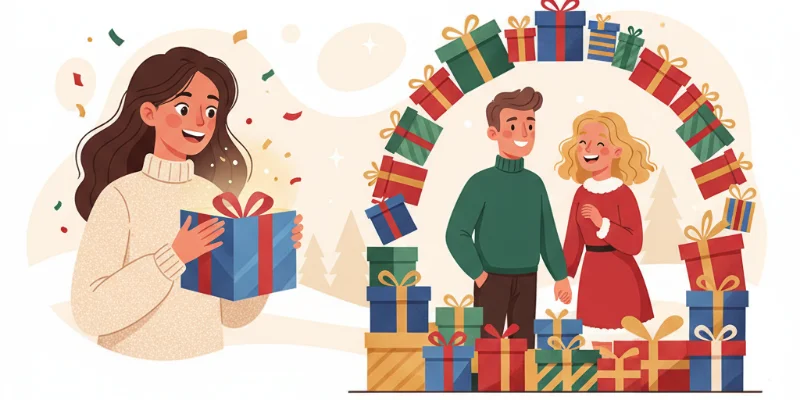 笑顔でプレゼントを開ける人、または幸せそうなカップルのイラスト