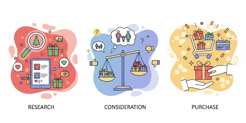 プレゼント選びのステップを分かりやすく示したイラスト（リサーチ、検討、購入など）