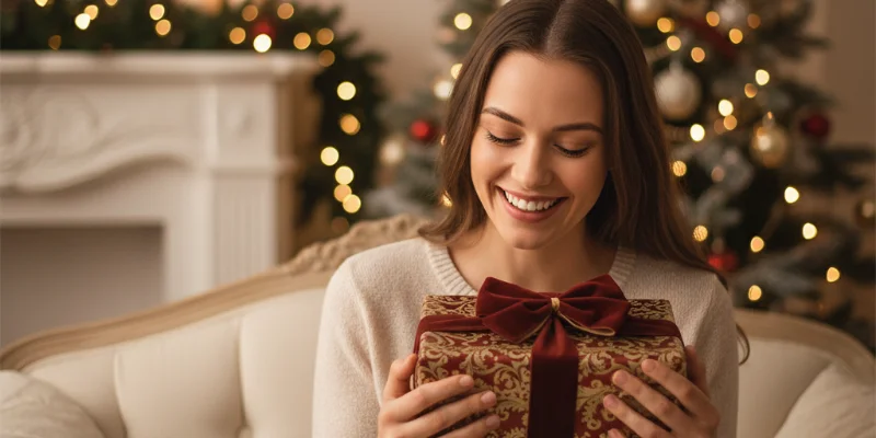 プレゼントを受け取って喜んでいる人の写真（自然な笑顔がポイント）